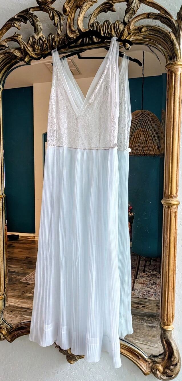 1960s Radcliffe Pastel Baby Blue Accordion Pleat Maxi Nightgown Lace Bodice Med